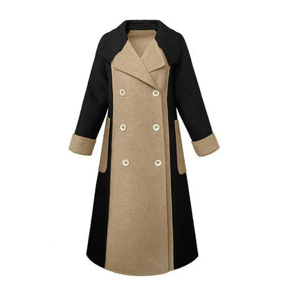 Women’s Long Two-Tone Coat – Double-Breasted with Lapel Collar, Colorblock Design