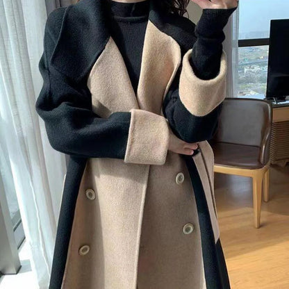 Women’s Long Two-Tone Coat – Double-Breasted with Lapel Collar, Colorblock Design