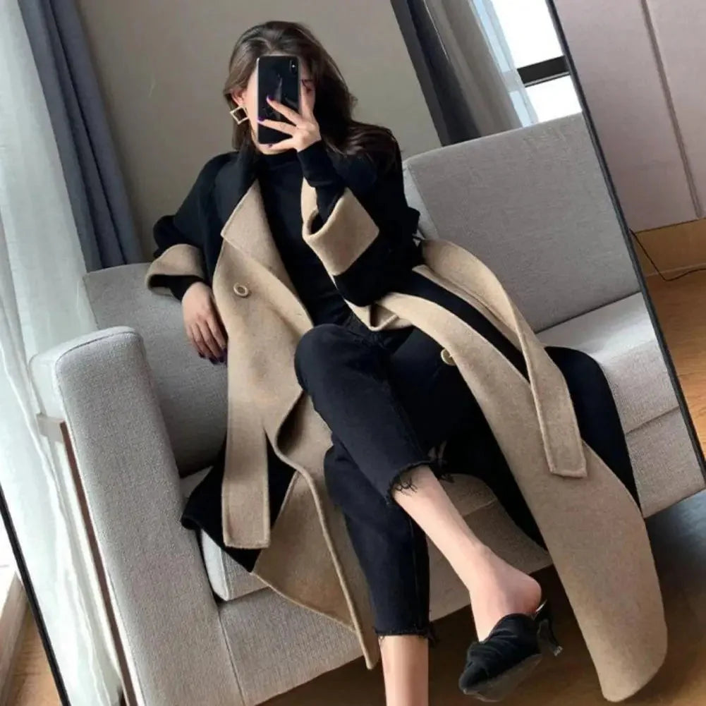 Women’s Long Two-Tone Coat – Double-Breasted with Lapel Collar, Colorblock Design