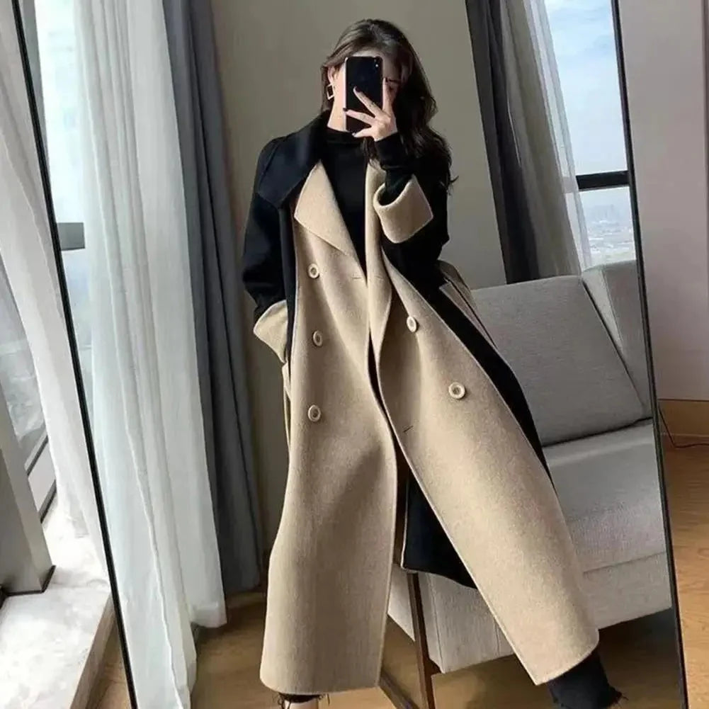 Women’s Long Two-Tone Coat – Double-Breasted with Lapel Collar, Colorblock Design