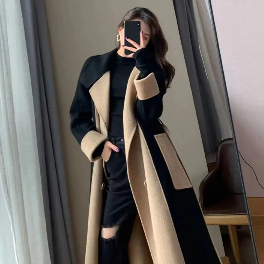 Women’s Long Two-Tone Coat – Double-Breasted with Lapel Collar, Colorblock Design