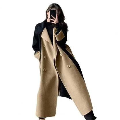 Women’s Long Two-Tone Coat – Double-Breasted with Lapel Collar, Colorblock Design