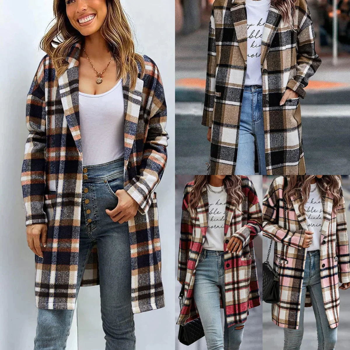 Women’s Plaid Wool Blend Coat – Fall Outerwear in Brushed Check Fabric