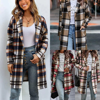 Women’s Plaid Wool Blend Coat – Fall Outerwear in Brushed Check Fabric