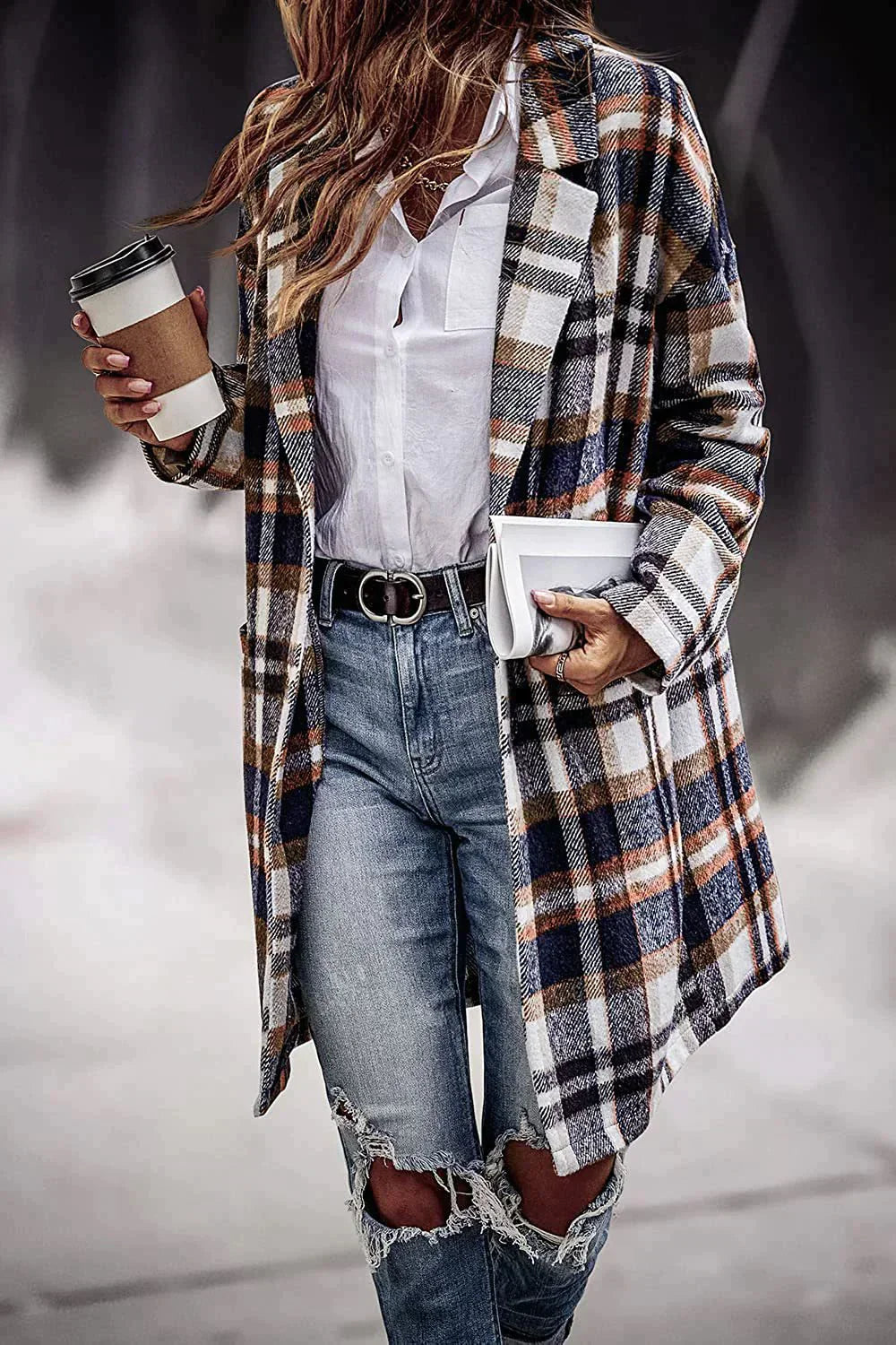 Women’s Plaid Wool Blend Coat – Fall Outerwear in Brushed Check Fabric