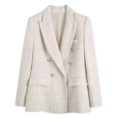 Women’s Tweed Blazer – Double-Breasted, Notched Lapel, Structured Fit – Smart Casual Layer