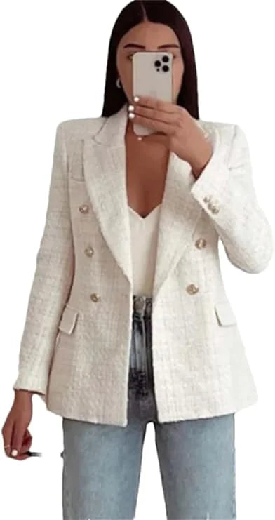Women’s Tweed Blazer – Double-Breasted, Notched Lapel, Structured Fit – Smart Casual Layer
