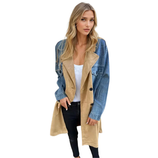 Women’s Two-Tone Trench Coat – Denim and Suede-Look Contrast