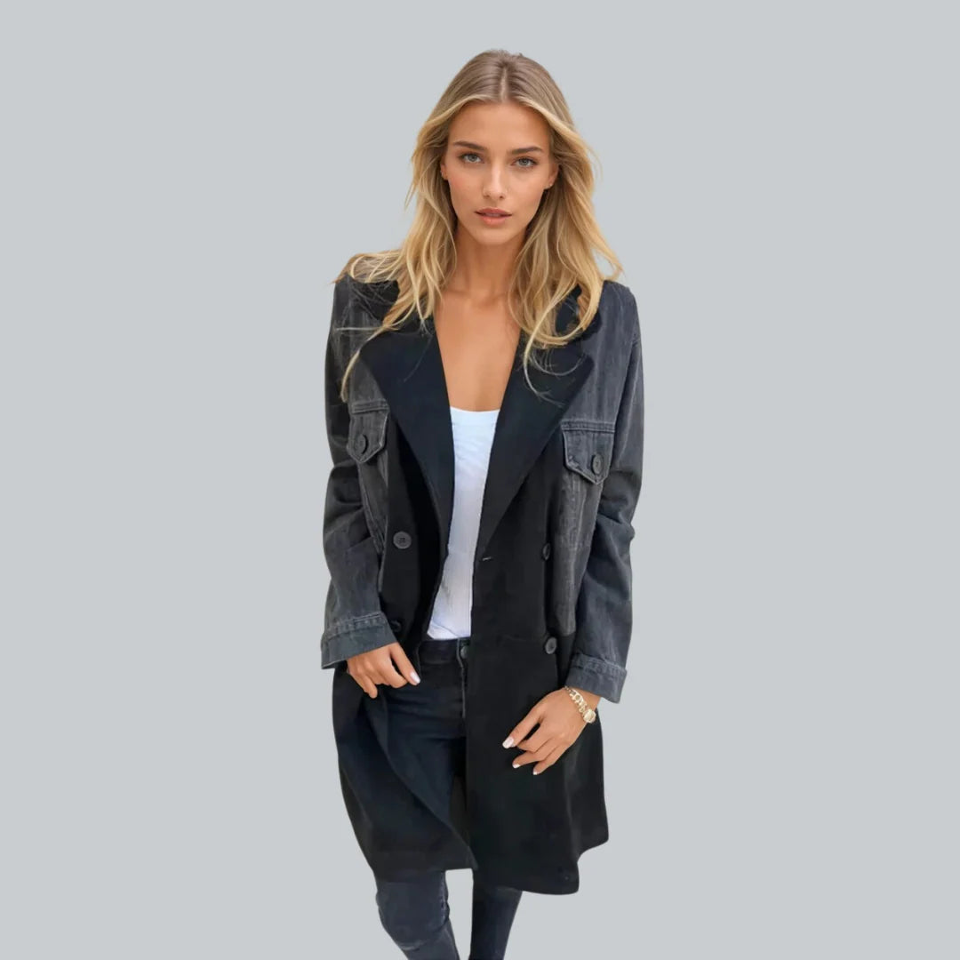 Women’s Two-Tone Trench Coat – Denim and Suede-Look Contrast