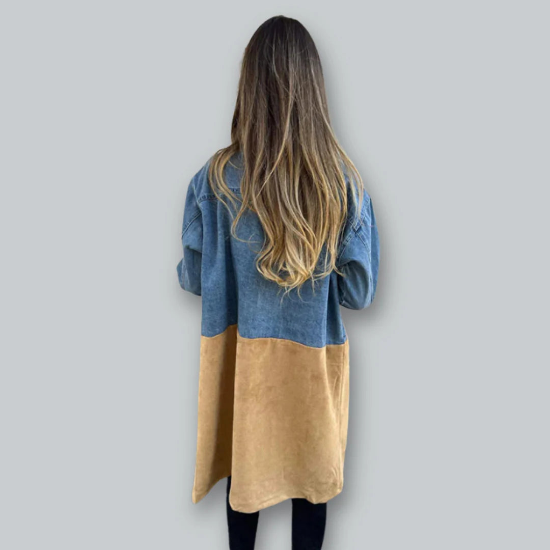 Women’s Two-Tone Trench Coat – Denim and Suede-Look Contrast