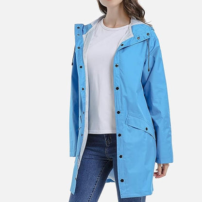 Women’s Waterproof Raincoat with Hood – Lightweight Long Jacket with Snap Buttons & Pockets