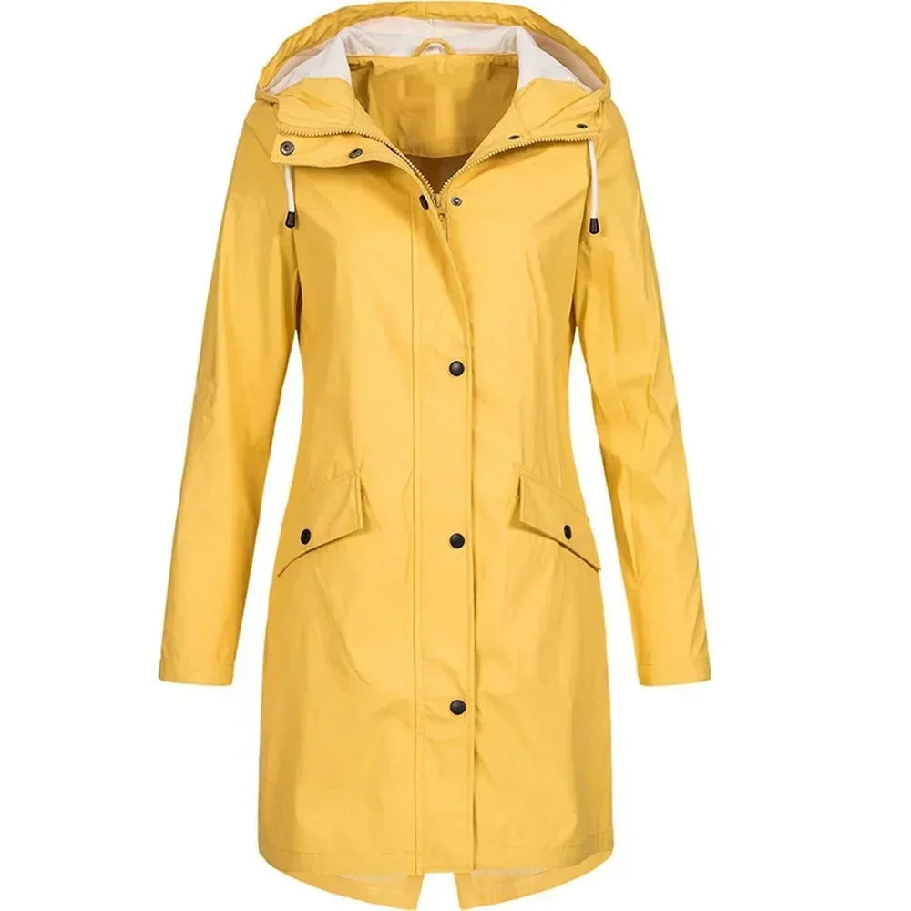Women’s Waterproof Raincoat with Hood – Lightweight Long Jacket with Snap Buttons & Pockets