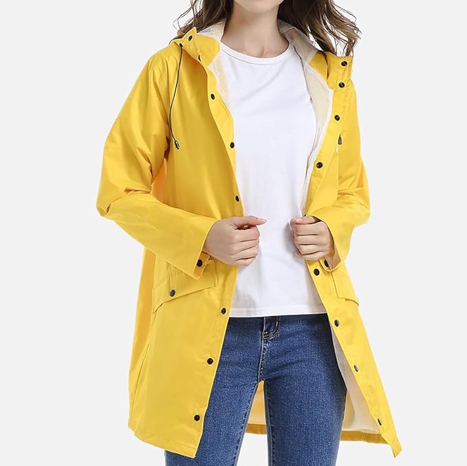 Women’s Waterproof Raincoat with Hood – Lightweight Long Jacket with Snap Buttons & Pockets