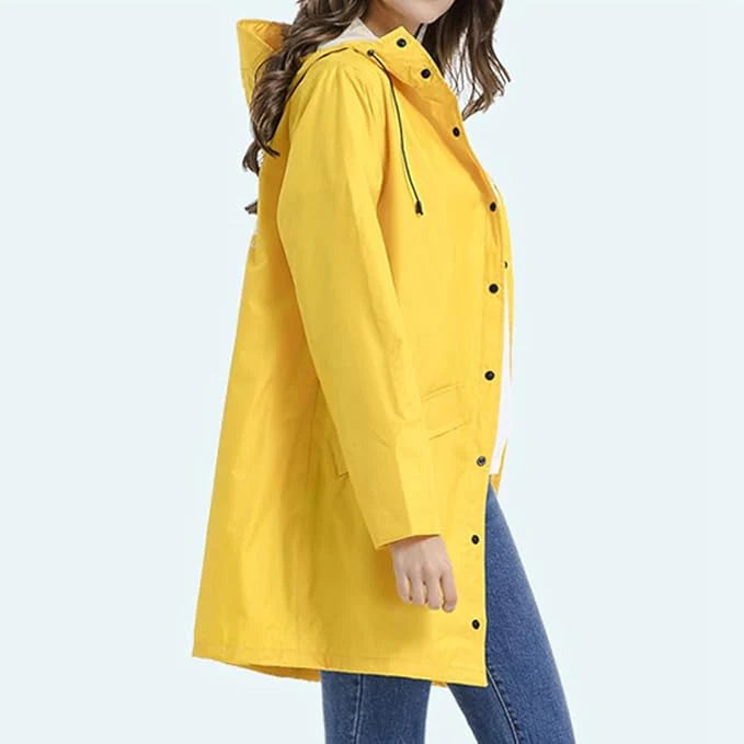 Women’s Waterproof Raincoat with Hood – Lightweight Long Jacket with Snap Buttons & Pockets