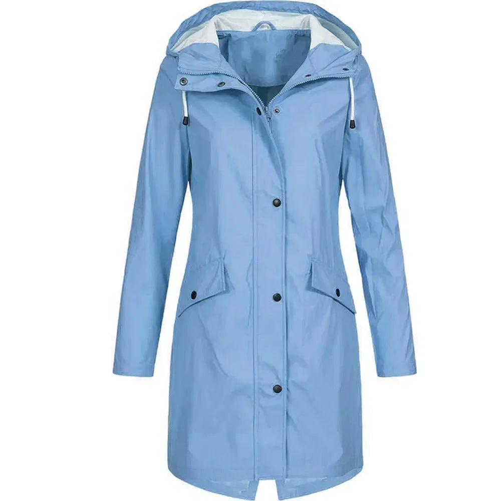 Women’s Waterproof Raincoat with Hood – Lightweight Long Jacket with Snap Buttons & Pockets