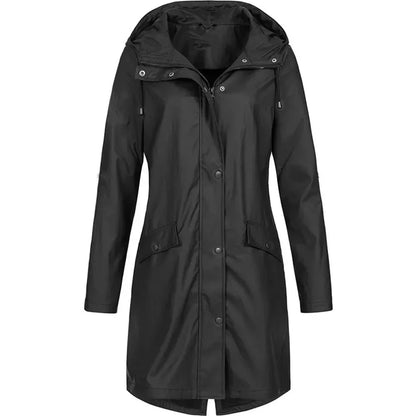 Women’s Waterproof Raincoat with Hood – Lightweight Long Jacket with Snap Buttons & Pockets
