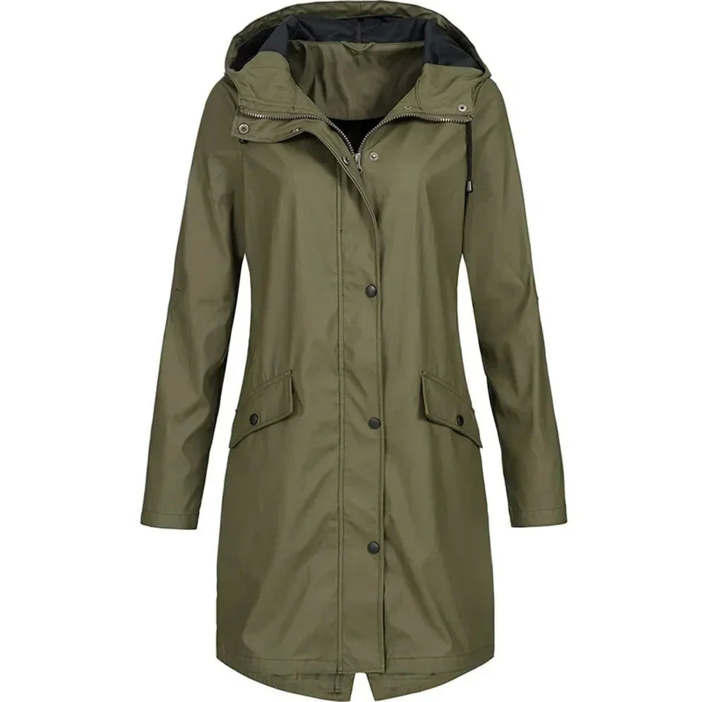 Women’s Waterproof Raincoat with Hood – Lightweight Long Jacket with Snap Buttons & Pockets