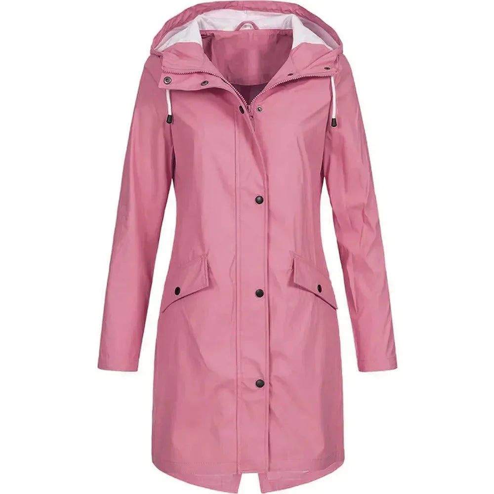 Women’s Waterproof Raincoat with Hood – Lightweight Long Jacket with Snap Buttons & Pockets