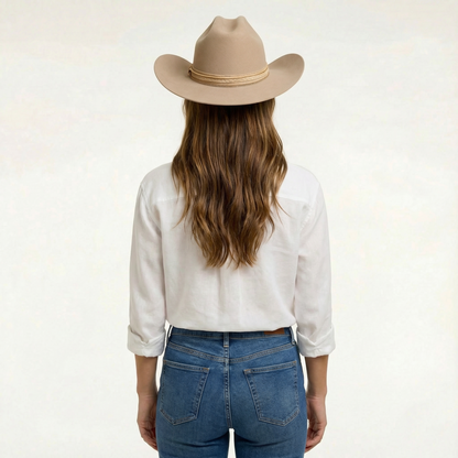 Tan Wool Cowboy Hat - Cattleman Crease, Angled Brim, Lace Band