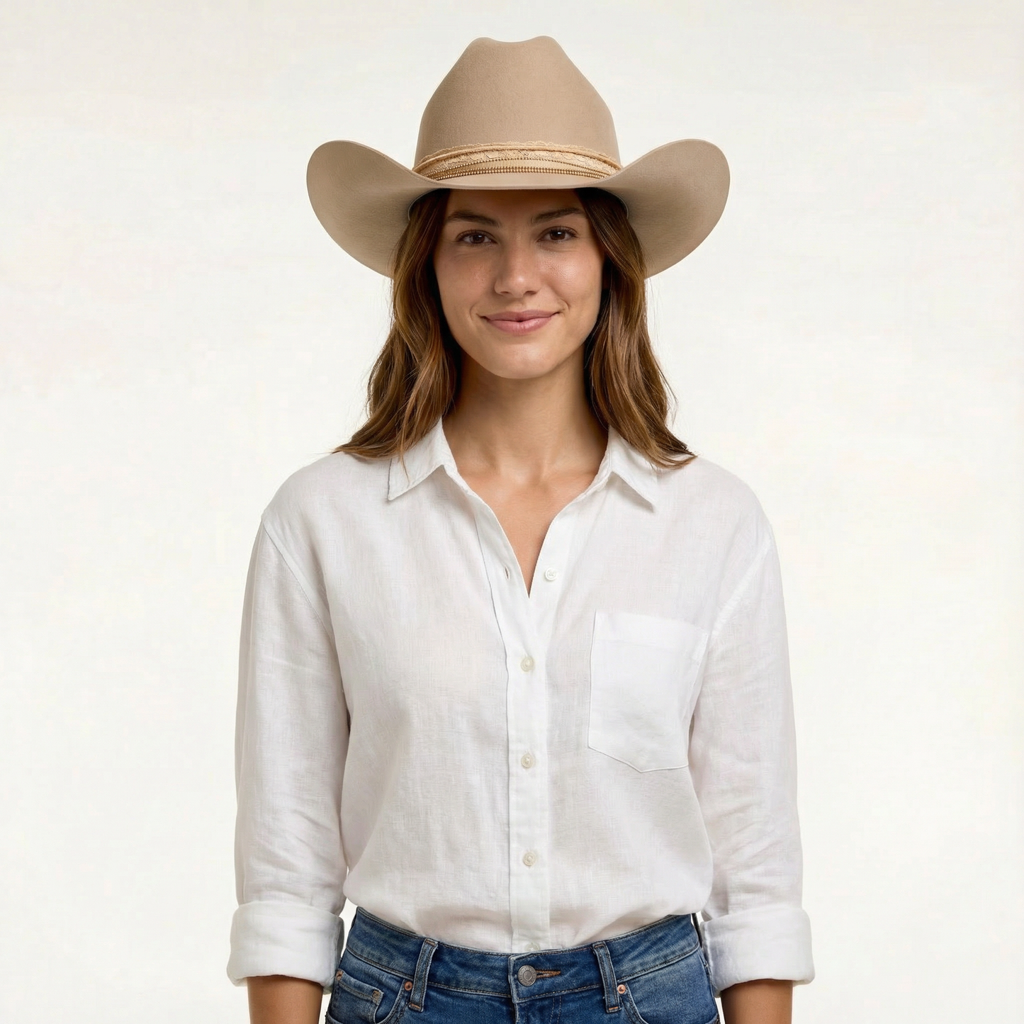Tan Wool Cowboy Hat - Cattleman Crease, Angled Brim, Lace Band
