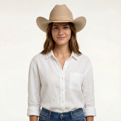 Tan Wool Cowboy Hat - Cattleman Crease, Angled Brim, Lace Band