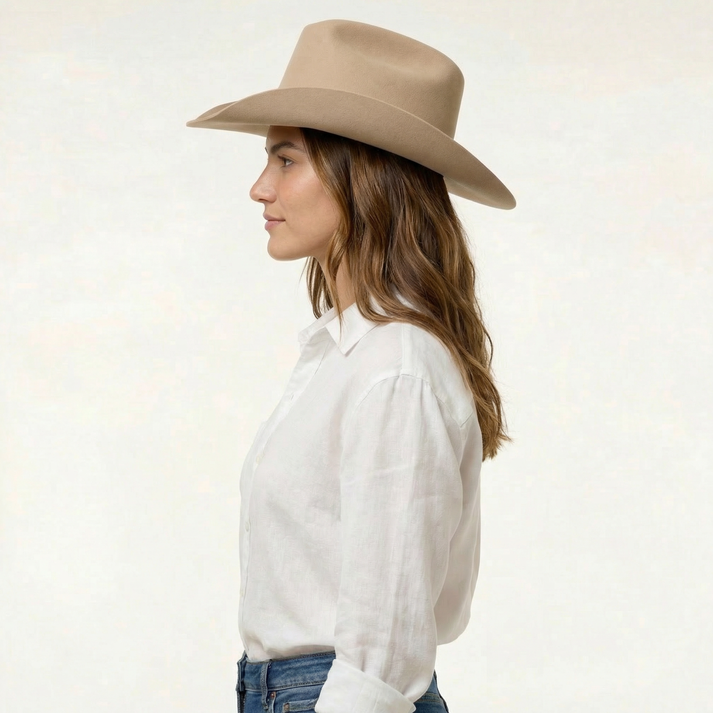 Tan Wool Cowboy Hat - Cattleman Crease, Angled Brim, Lace Band