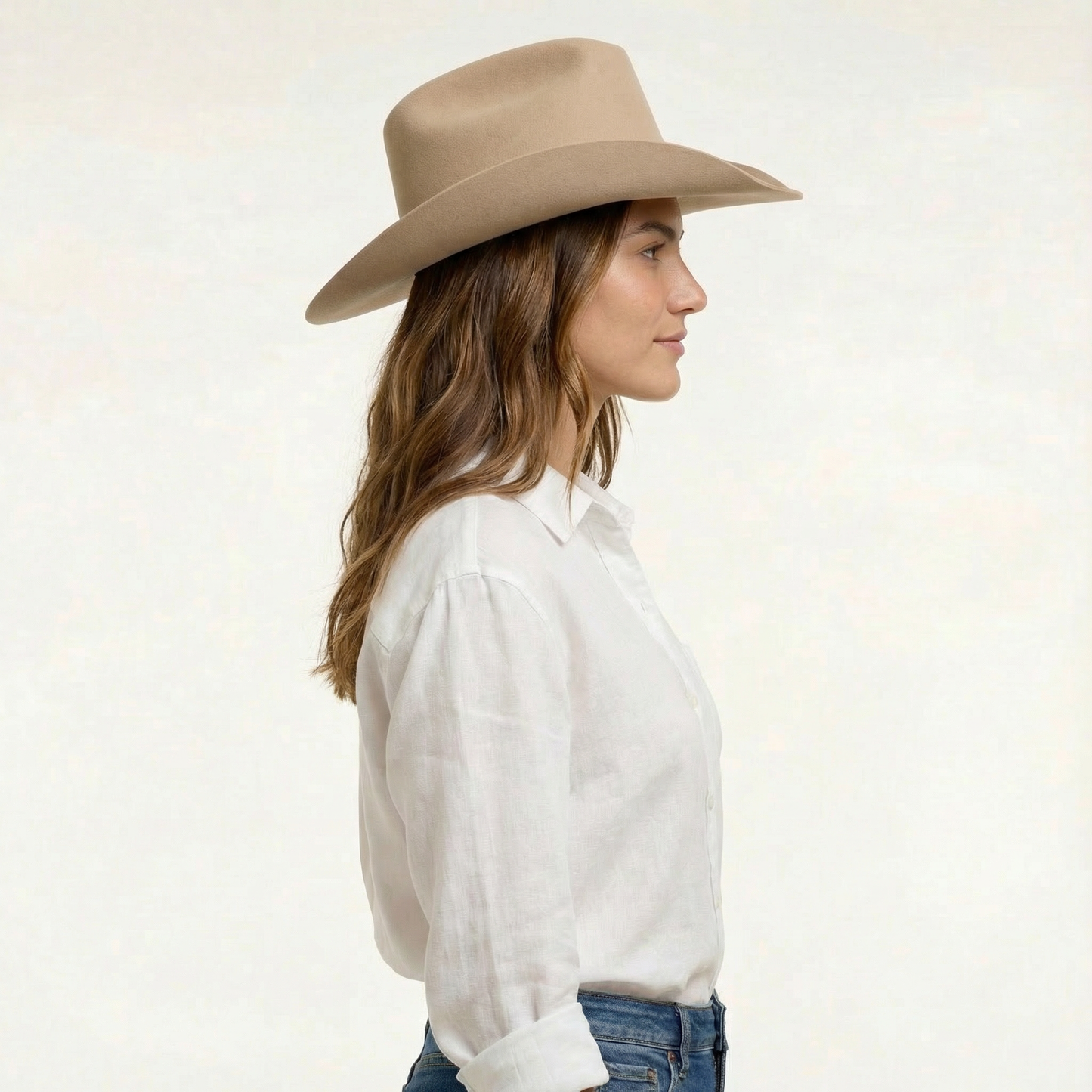 Tan Wool Cowboy Hat - Cattleman Crease, Angled Brim, Lace Band