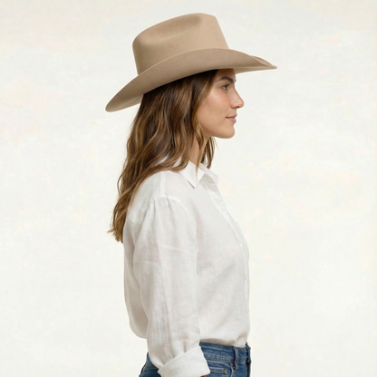 Tan Wool Cowboy Hat - Cattleman Crease, Angled Brim, Lace Band