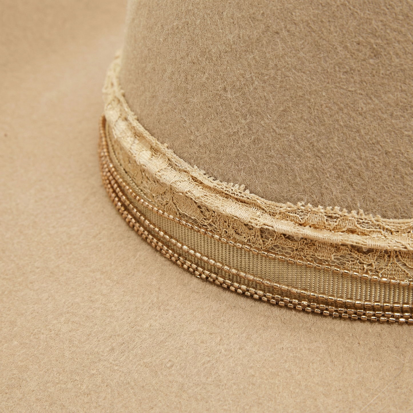 Tan Wool Cowboy Hat - Cattleman Crease, Angled Brim, Lace Band