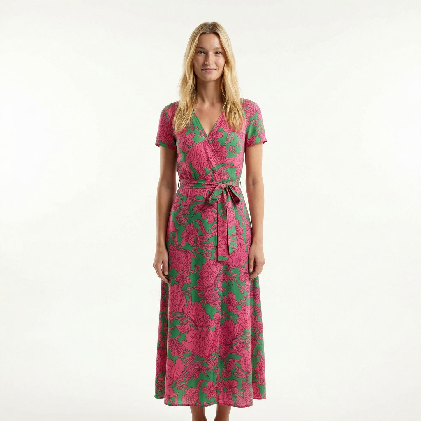 Wrap Maxi Dress - Short Sleeve, V-Neck, Side Slit