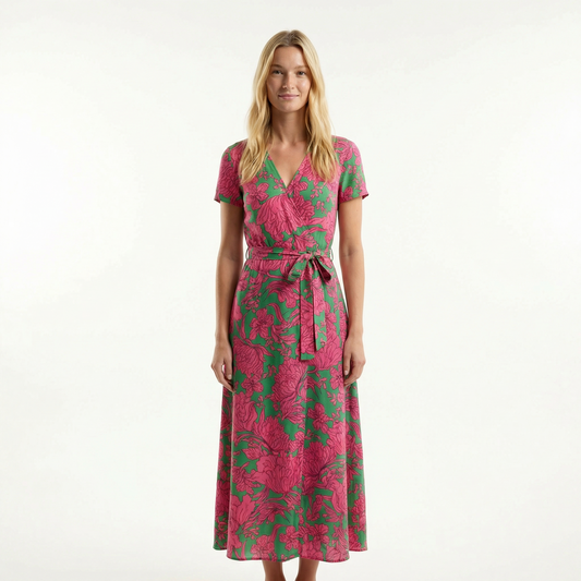 Wrap Maxi Dress - Short Sleeve, V-Neck, Side Slit