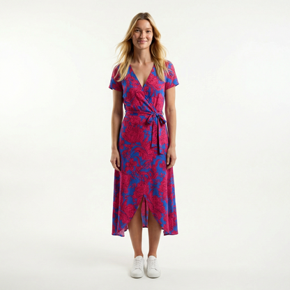 Wrap Maxi Dress - Short Sleeve, V-Neck, Side Slit