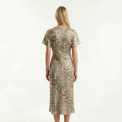 Wrap Midi Dress - V-Neck, Pleated Fit, Flowy Sleeves