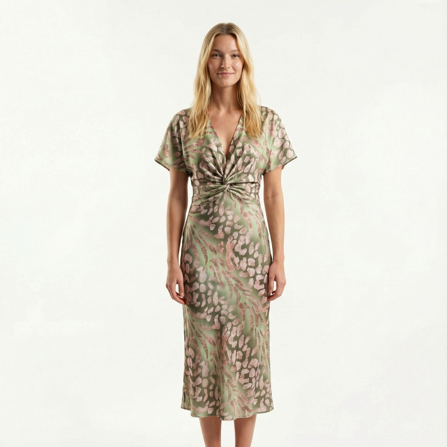 Wrap Midi Dress - V-Neck, Pleated Fit, Flowy Sleeves