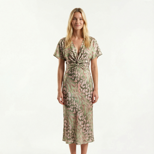 Wrap Midi Dress - V-Neck, Pleated Fit, Flowy Sleeves