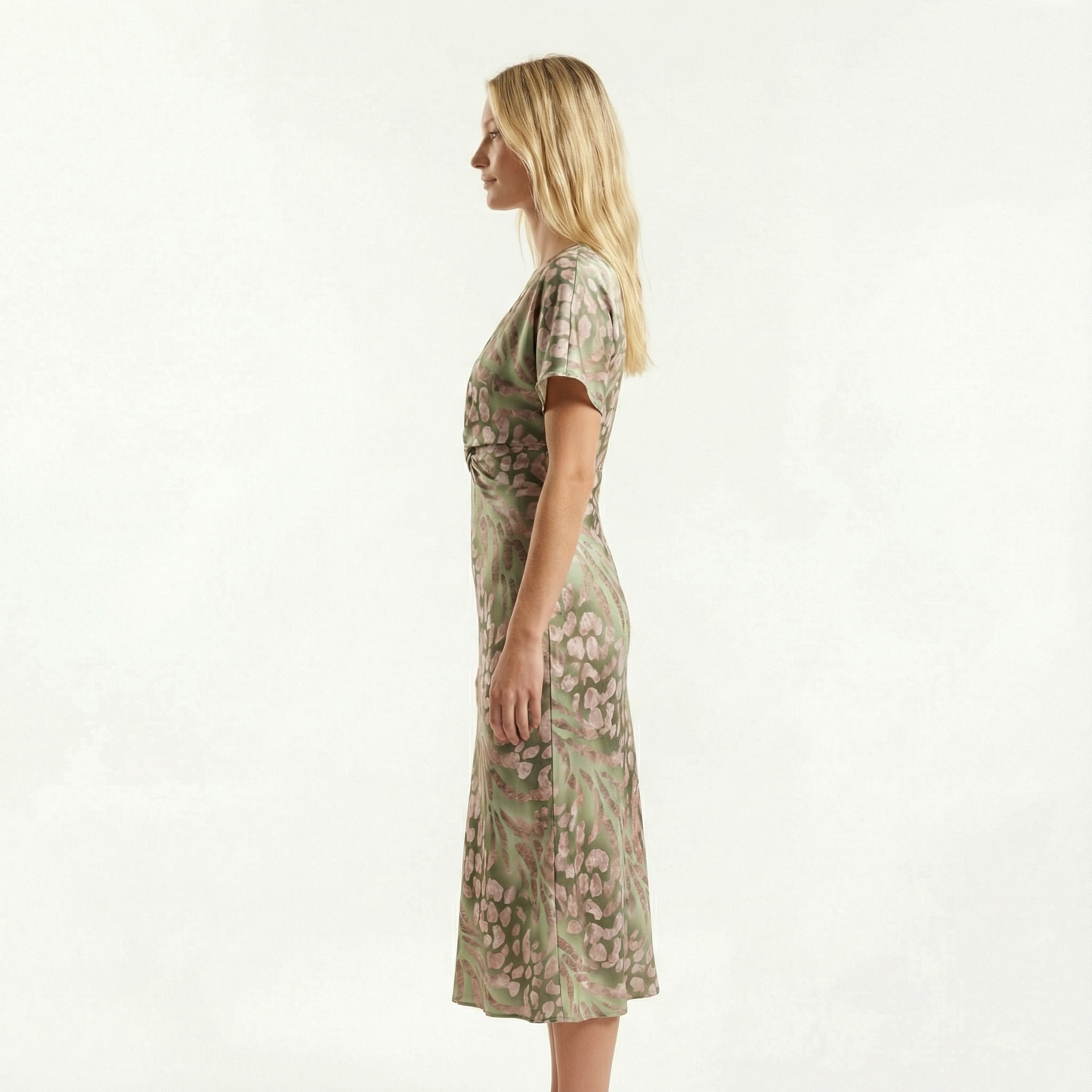 Wrap Midi Dress - V-Neck, Pleated Fit, Flowy Sleeves