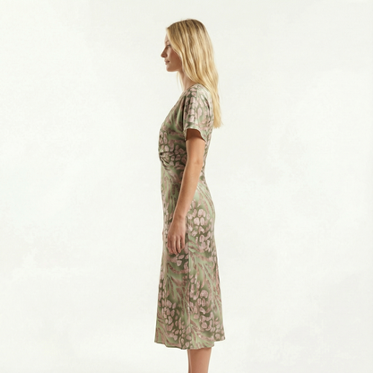 Wrap Midi Dress - V-Neck, Pleated Fit, Flowy Sleeves