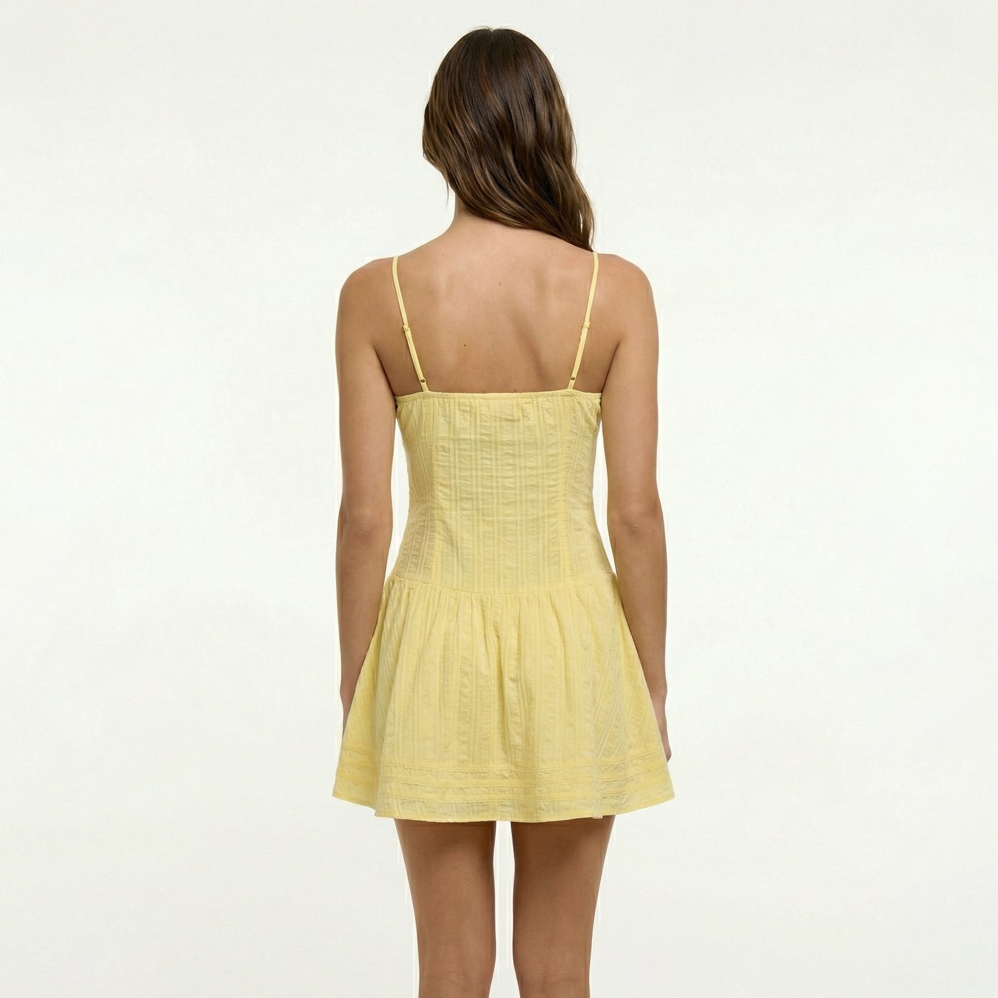 Yellow Cotton Mini Dress - Drop Waist, Ruched Bust, Adjustable Straps