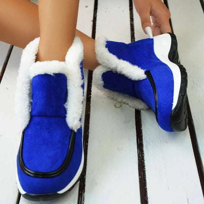 Women’s Ankle Snow Boots – Faux Fur Lined Suede-Style Slip-On with Contrast Sole