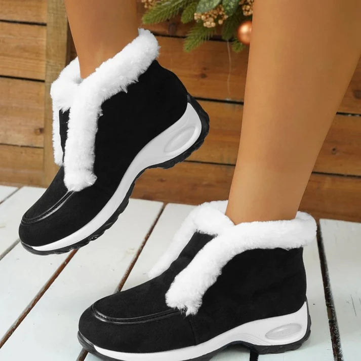 Women’s Ankle Snow Boots – Faux Fur Lined Suede-Style Slip-On with Contrast Sole