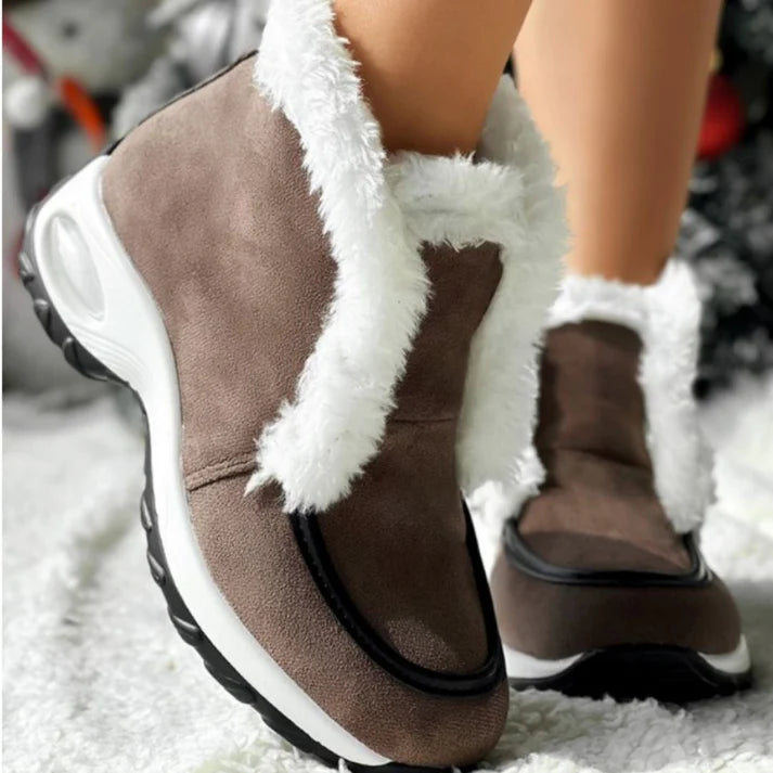 Women’s Ankle Snow Boots – Faux Fur Lined Suede-Style Slip-On with Contrast Sole