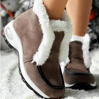 Women’s Ankle Snow Boots – Faux Fur Lined Suede-Style Slip-On with Contrast Sole