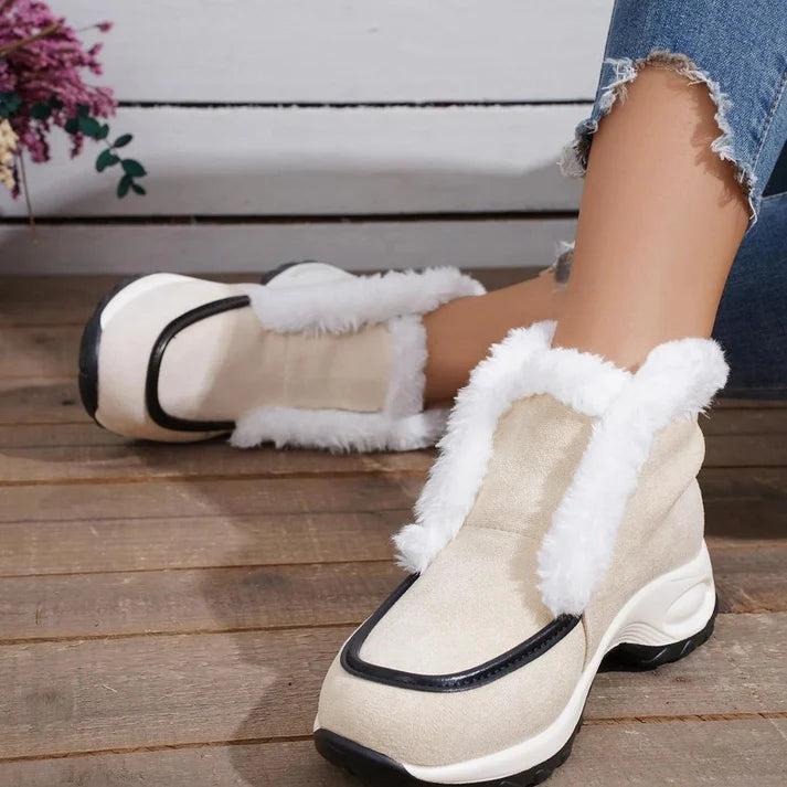 Women’s Ankle Snow Boots – Faux Fur Lined Suede-Style Slip-On with Contrast Sole