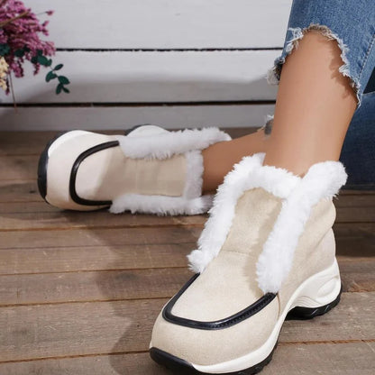 Women’s Ankle Snow Boots – Faux Fur Lined Suede-Style Slip-On with Contrast Sole