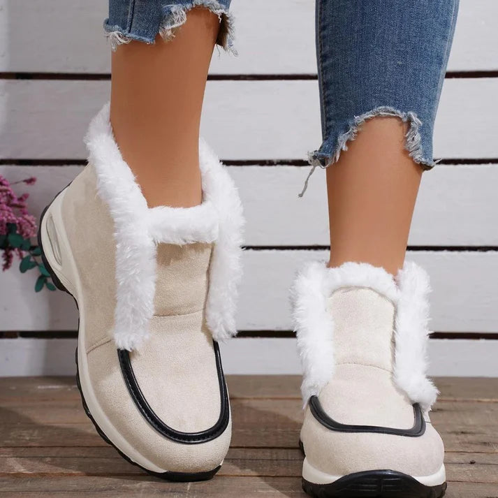 Women’s Ankle Snow Boots – Faux Fur Lined Suede-Style Slip-On with Contrast Sole