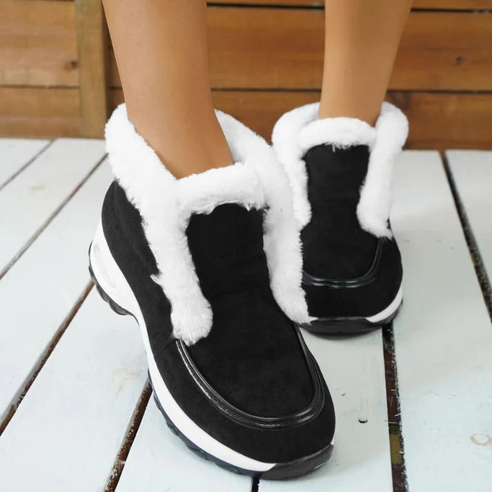 Women’s Ankle Snow Boots – Faux Fur Lined Suede-Style Slip-On with Contrast Sole