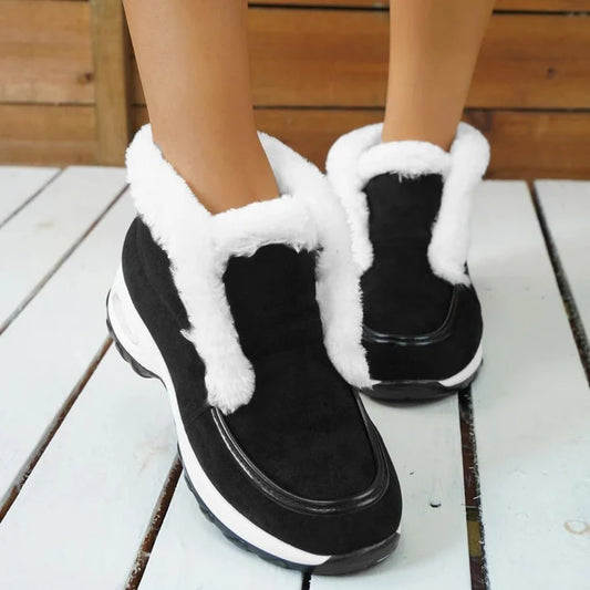 Women’s Ankle Snow Boots – Faux Fur Lined Suede-Style Slip-On with Contrast Sole