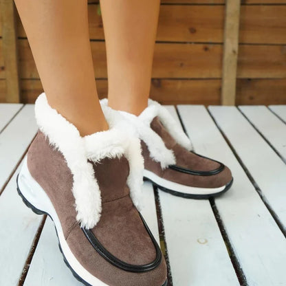 Women’s Ankle Snow Boots – Faux Fur Lined Suede-Style Slip-On with Contrast Sole