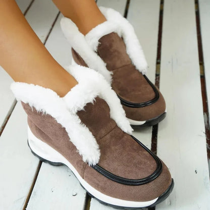 Women’s Ankle Snow Boots – Faux Fur Lined Suede-Style Slip-On with Contrast Sole