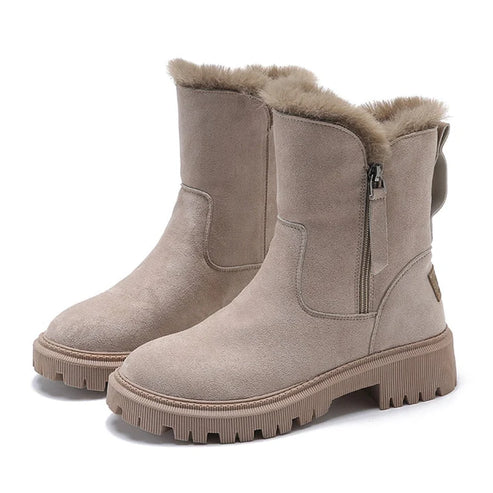 Women’s Mid-Calf Boots – Faux Fur Lined With Suede-Style Upper and Chunky Sole for Fall and Winter